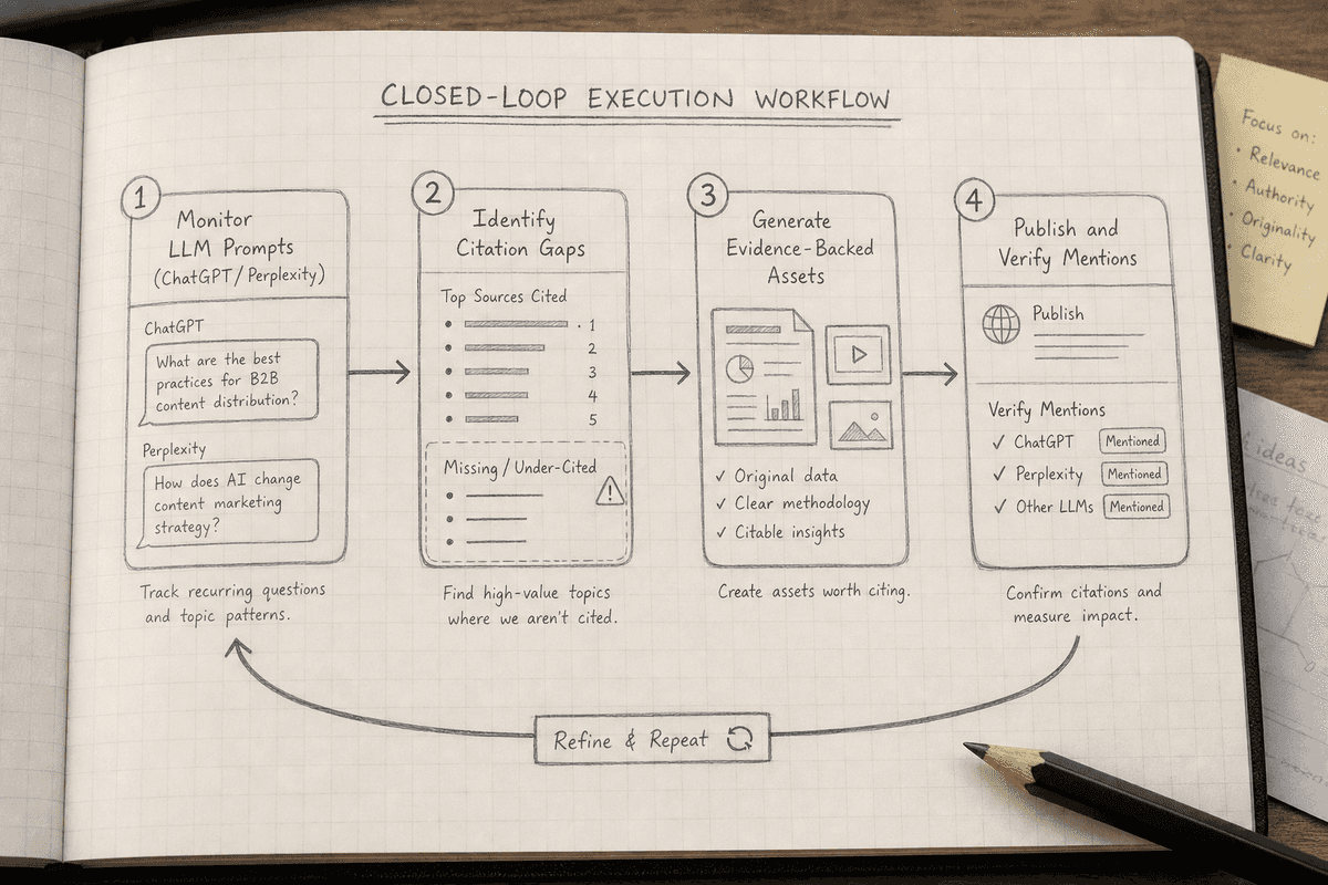 Notebook sketch of a closed-loop AI search visibility and publishing workflow.