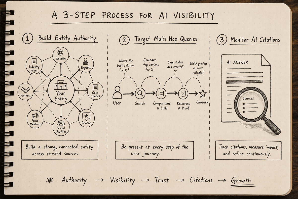 Three-step sketch diagram outlining how to optimize content for AI search visibility.