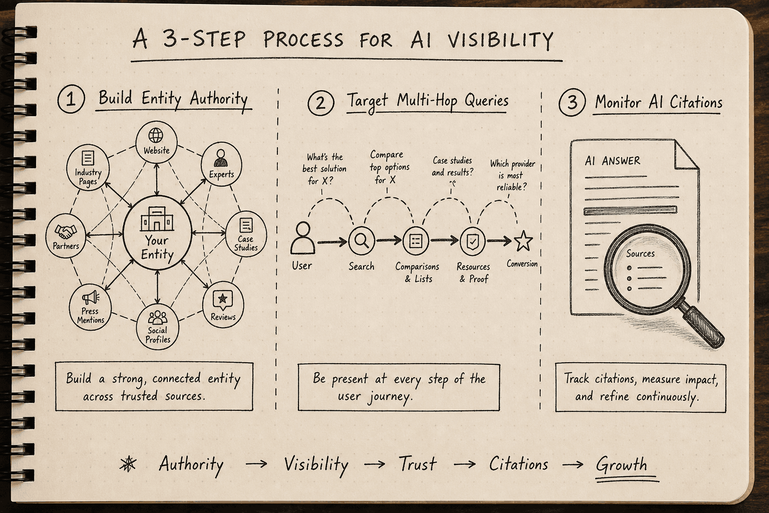 Three-step sketch diagram outlining how to optimize content for AI search visibility.