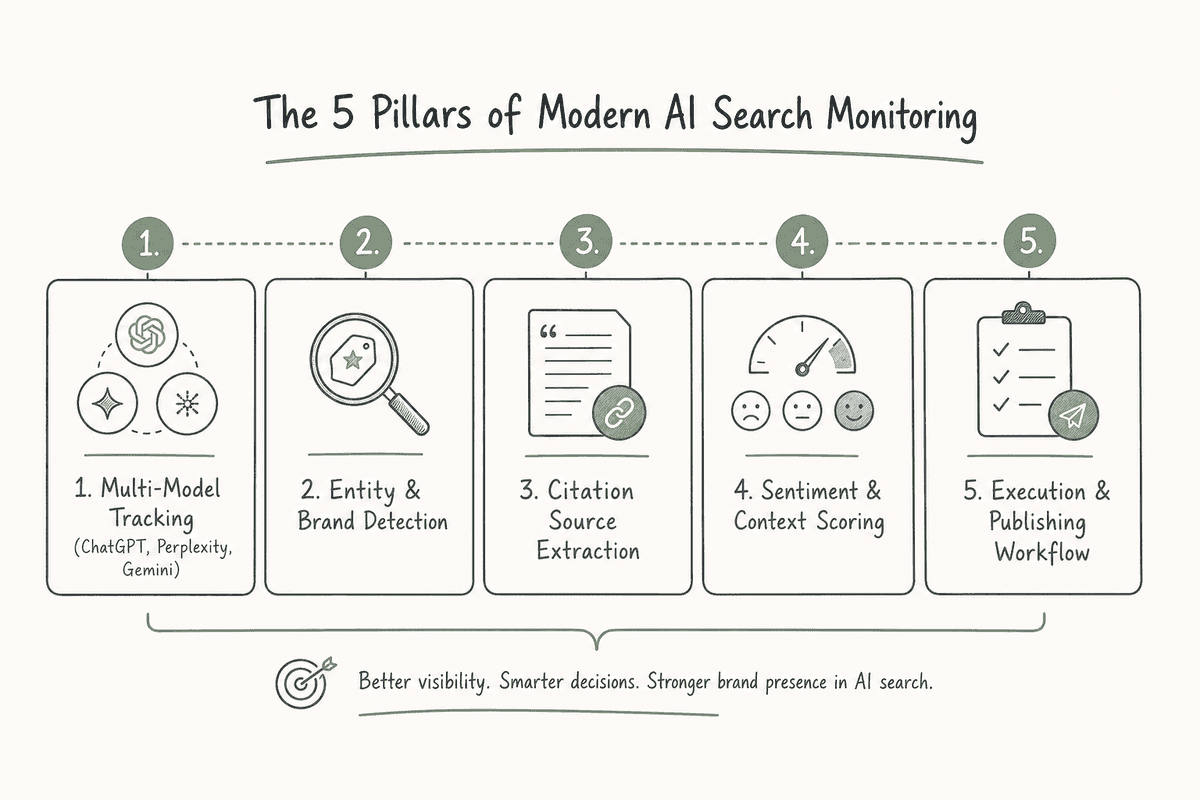 Infographic showing the five core capabilities of an effective AI search monitoring platform.