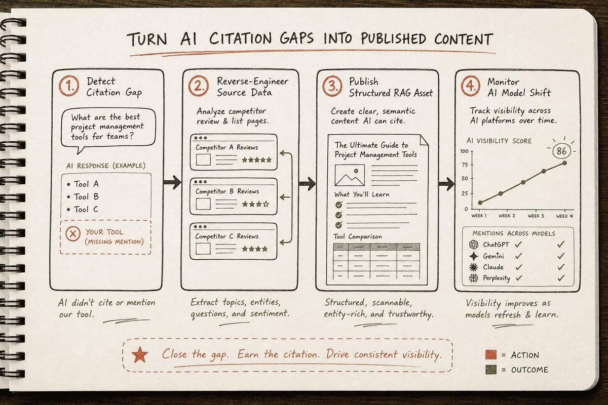 Workflow diagram showing four phases of turning AI search visibility gaps into published, indexed content.