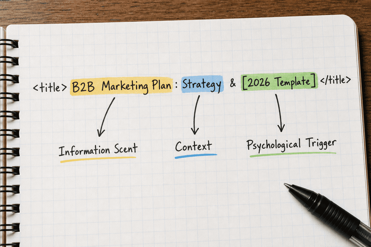 A breakdown of a perfect website title showing information scent, context, and psychological triggers.
