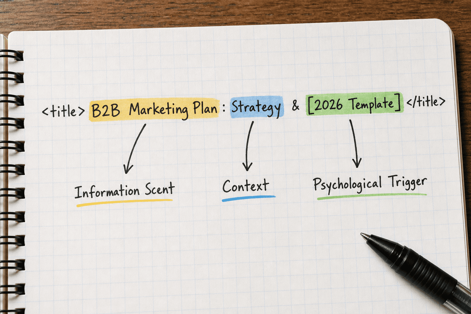 A breakdown of a perfect website title showing information scent, context, and psychological triggers.