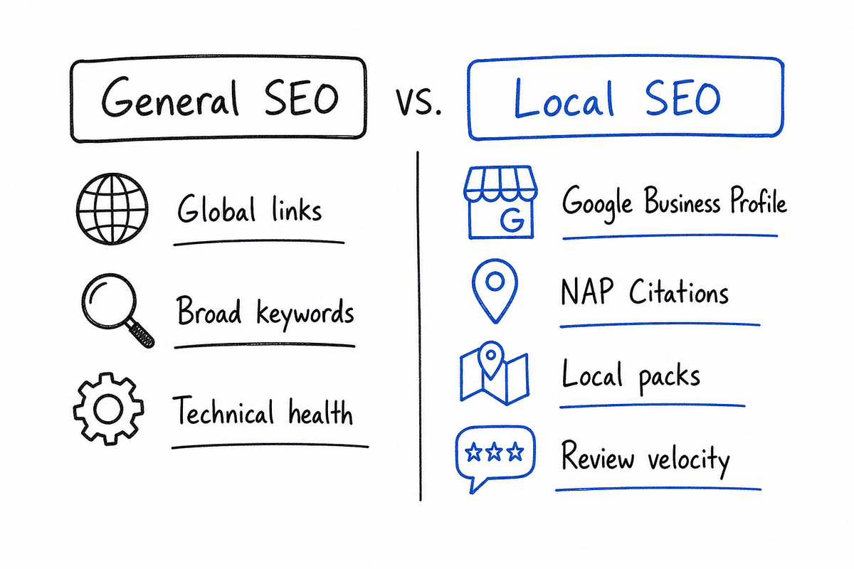 Whiteboard diagram comparing general SEO deliverables with local SEO deliverables
