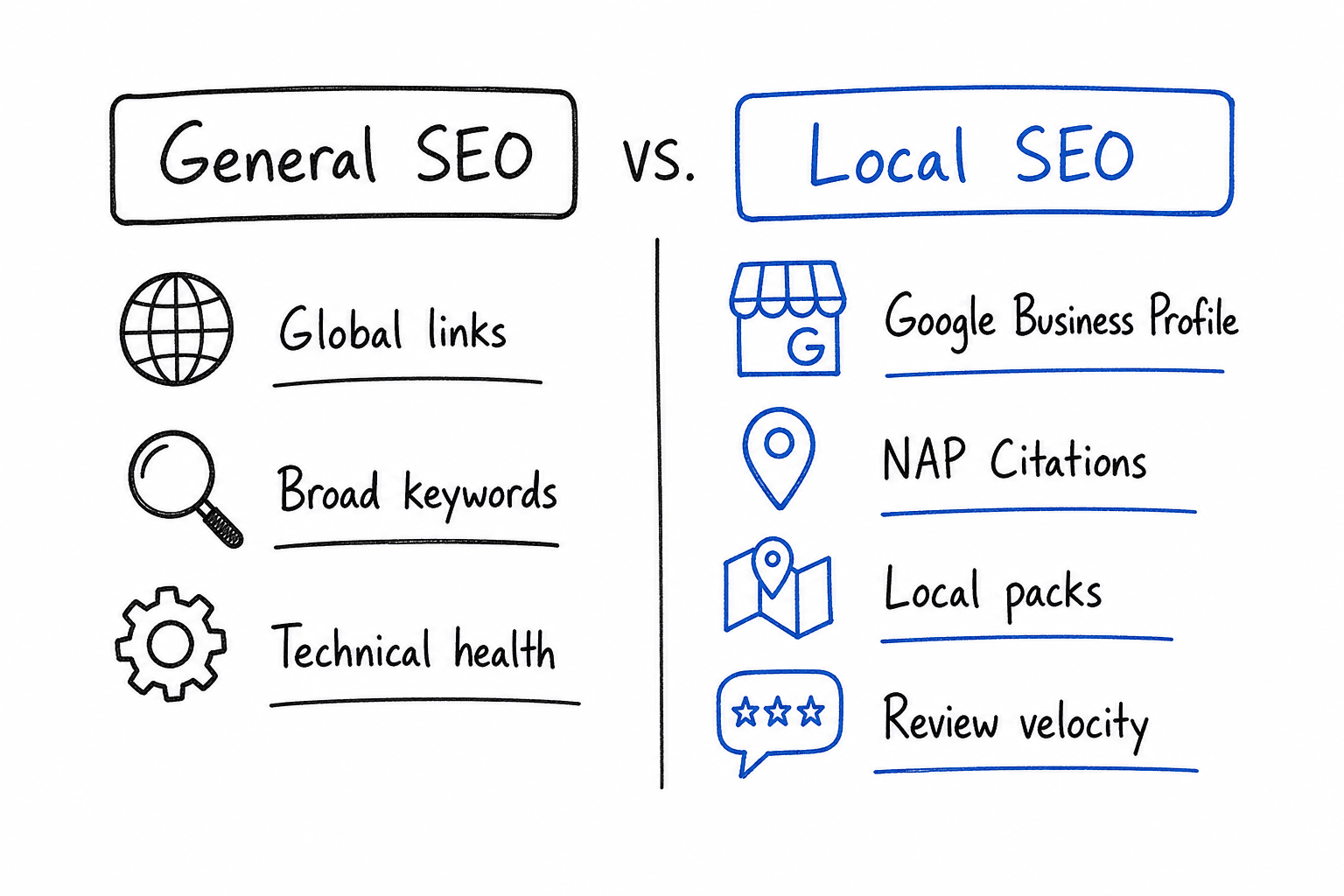 Whiteboard diagram comparing general SEO deliverables with local SEO deliverables