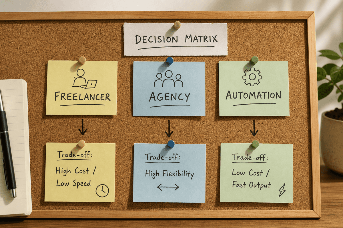 Decision matrix comparing freelance SEOs, local SEO agencies, and automation tools