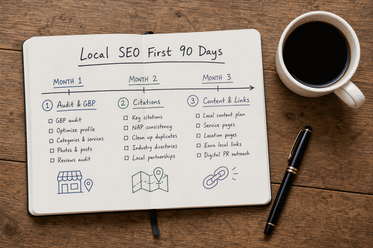 Handwritten 90-day timeline checklist for a local SEO campaign
