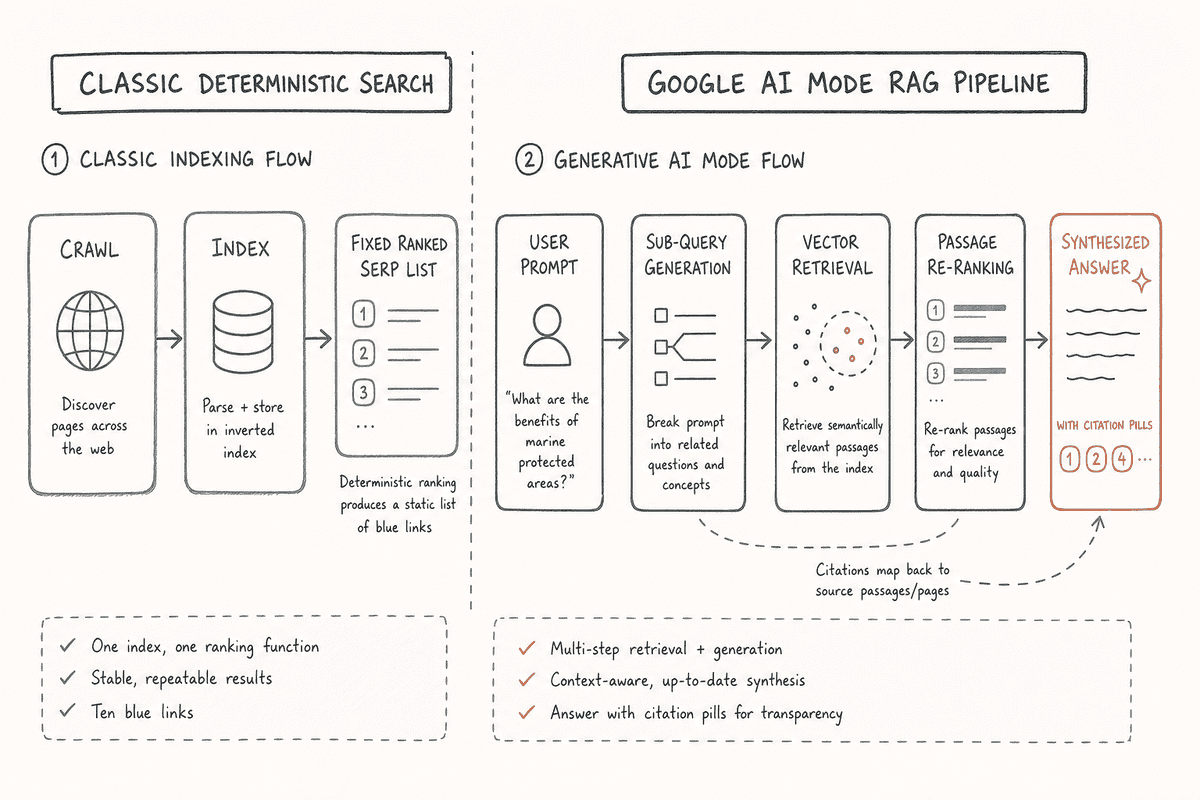 Diagram comparing deterministic classic search ranking against the multi-step Google AI Mode retrieval pipeline.