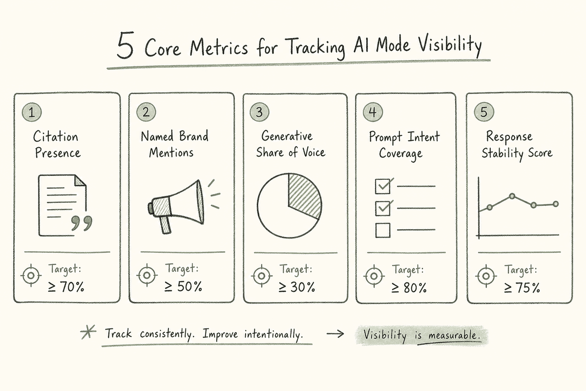 Infographic breakdown of the five core metrics for tracking generative search visibility and citation stability.