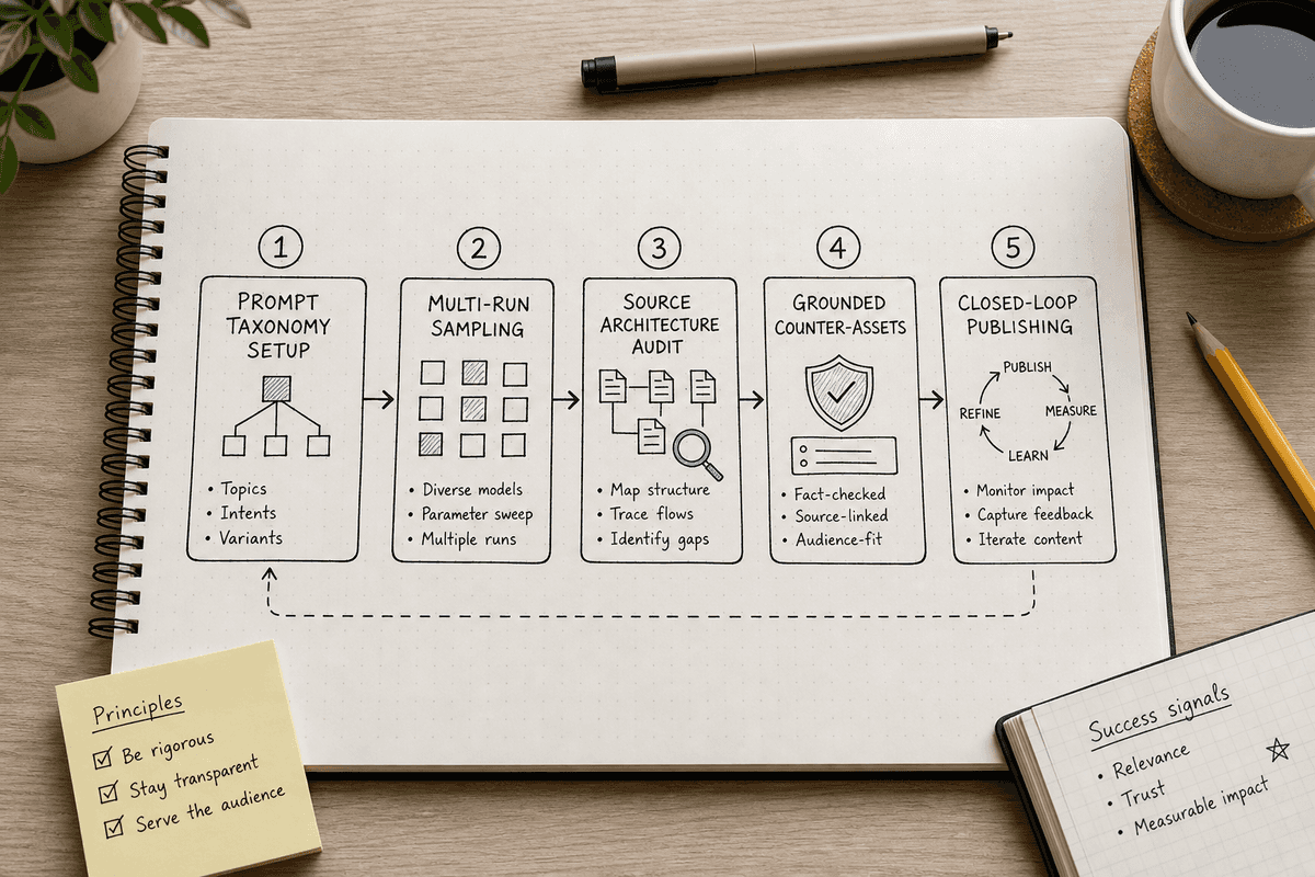 Step-by-step operational process diagram for building an actionable Google AI Mode visibility and content strategy.