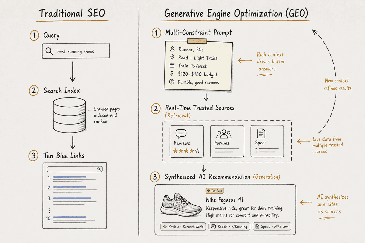 Comparison diagram showing traditional search engine ranking versus Generative Engine Optimization RAG synthesis and citation