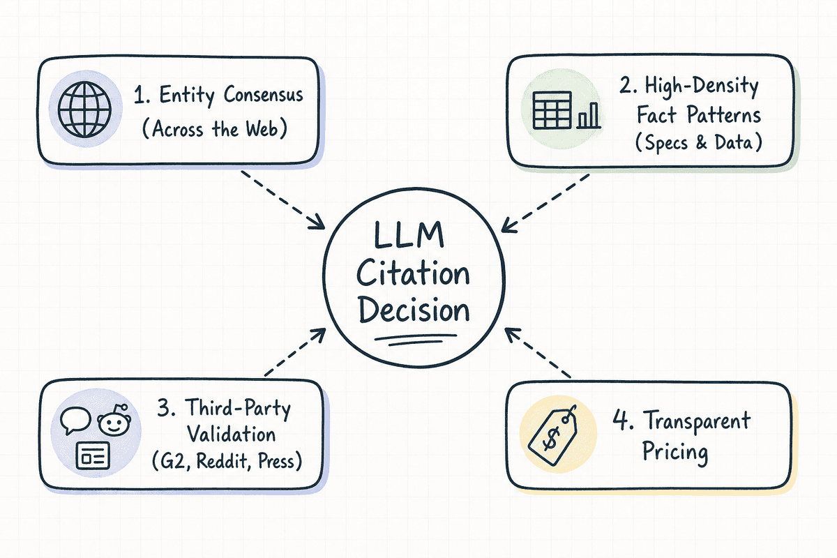 Whiteboard diagram illustrating the four pillars of AI citation consensus for large language models