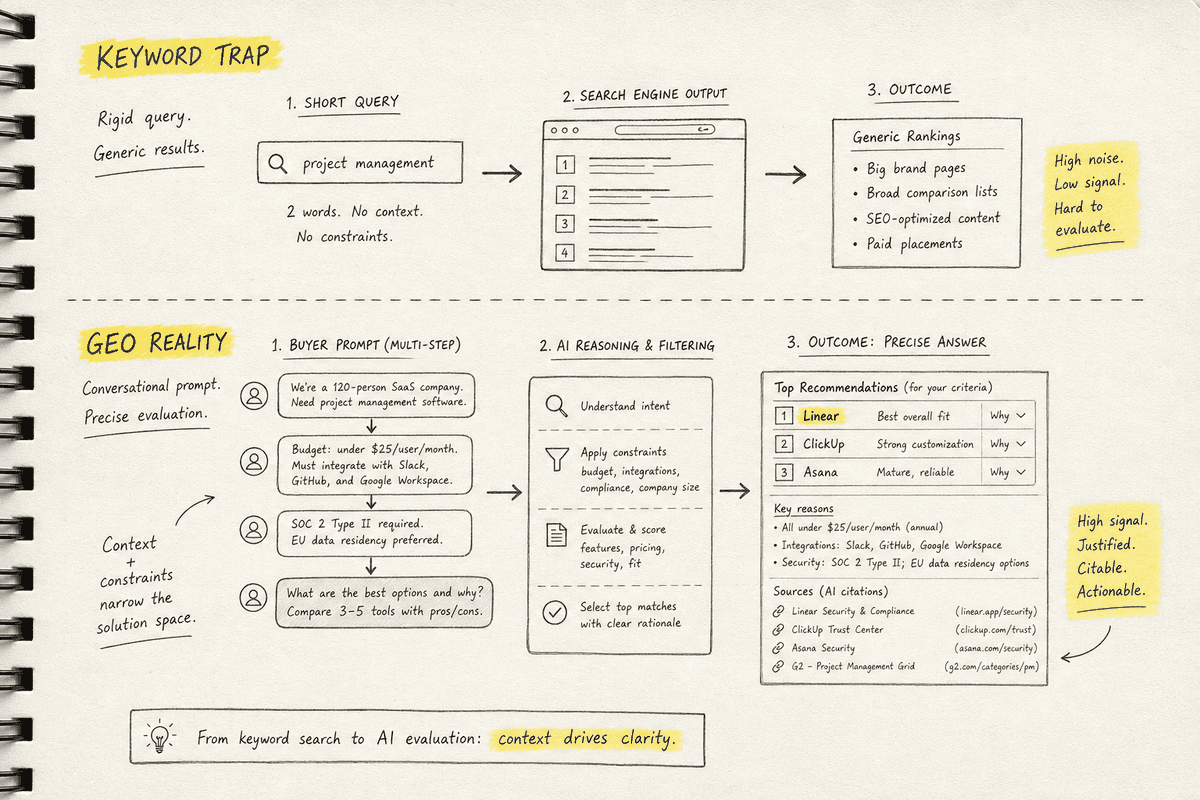 Notebook sketch comparing short-tail keyword targeting against multi-constraint conversational prompt analysis in GEO