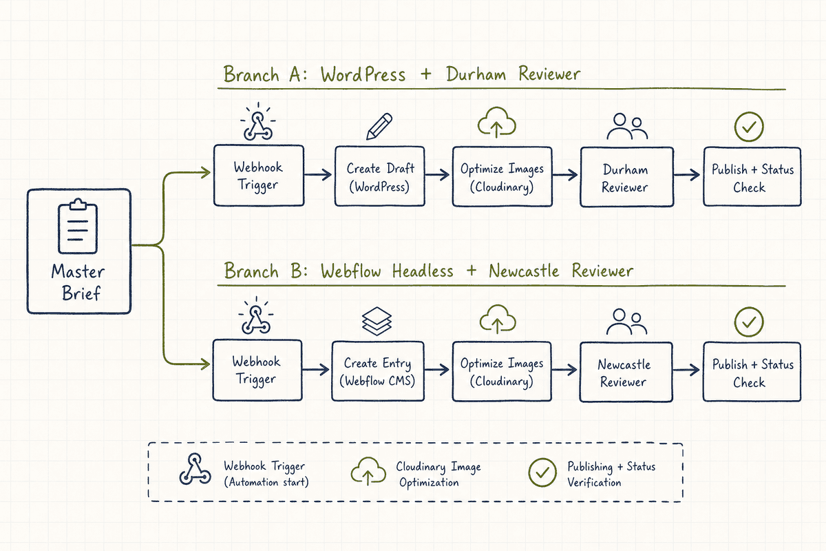 Flowchart showing automated dynamic reviewer routing and multi-CMS publishing logic