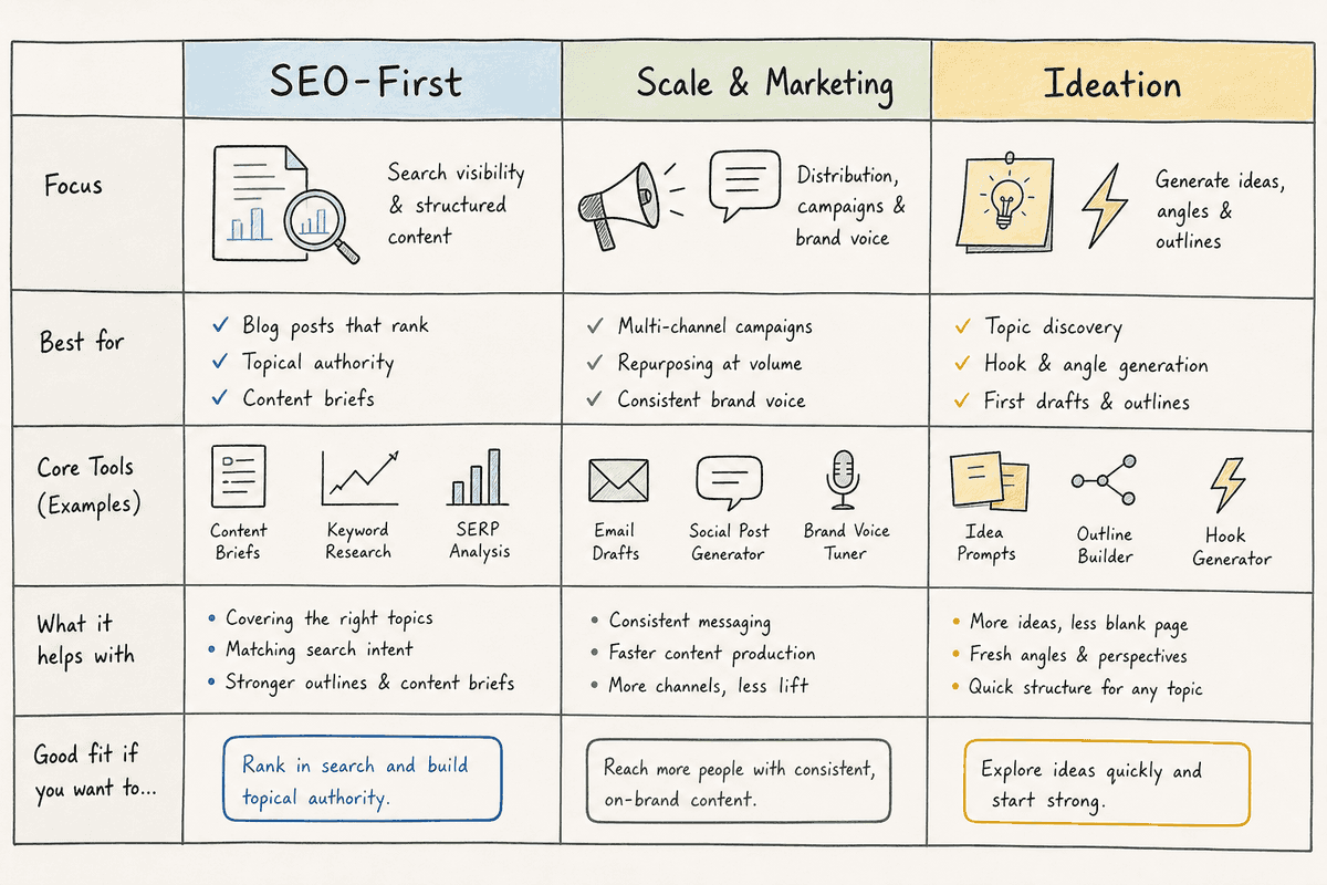 Comparison matrix of AI content tools categorized by SEO, marketing, and ideation