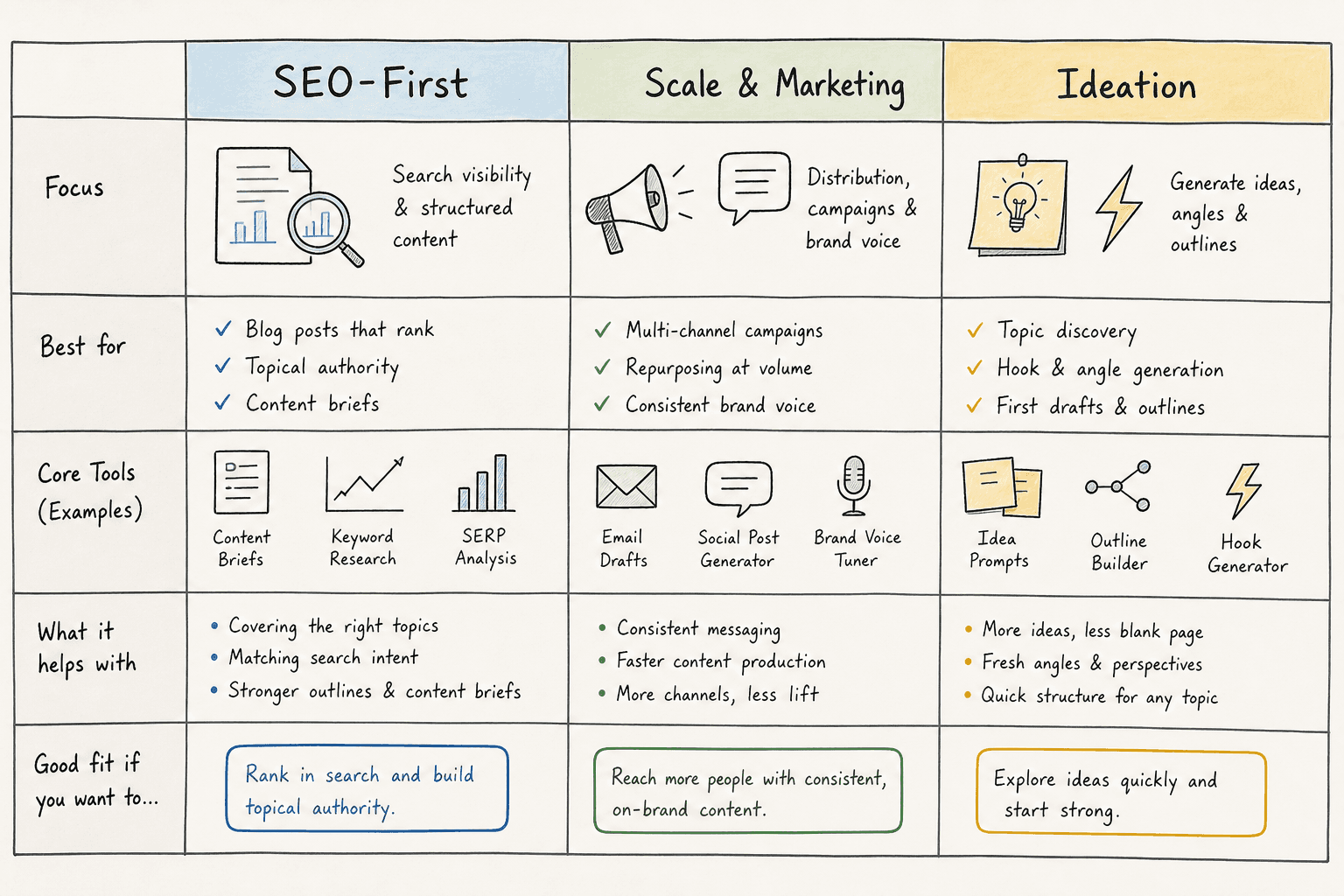 Comparison matrix of AI content tools categorized by SEO, marketing, and ideation