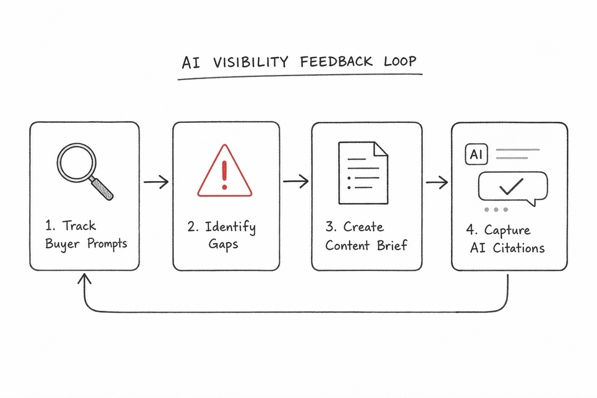 Flow chart demonstrating the process of turning AI visibility gaps into published content