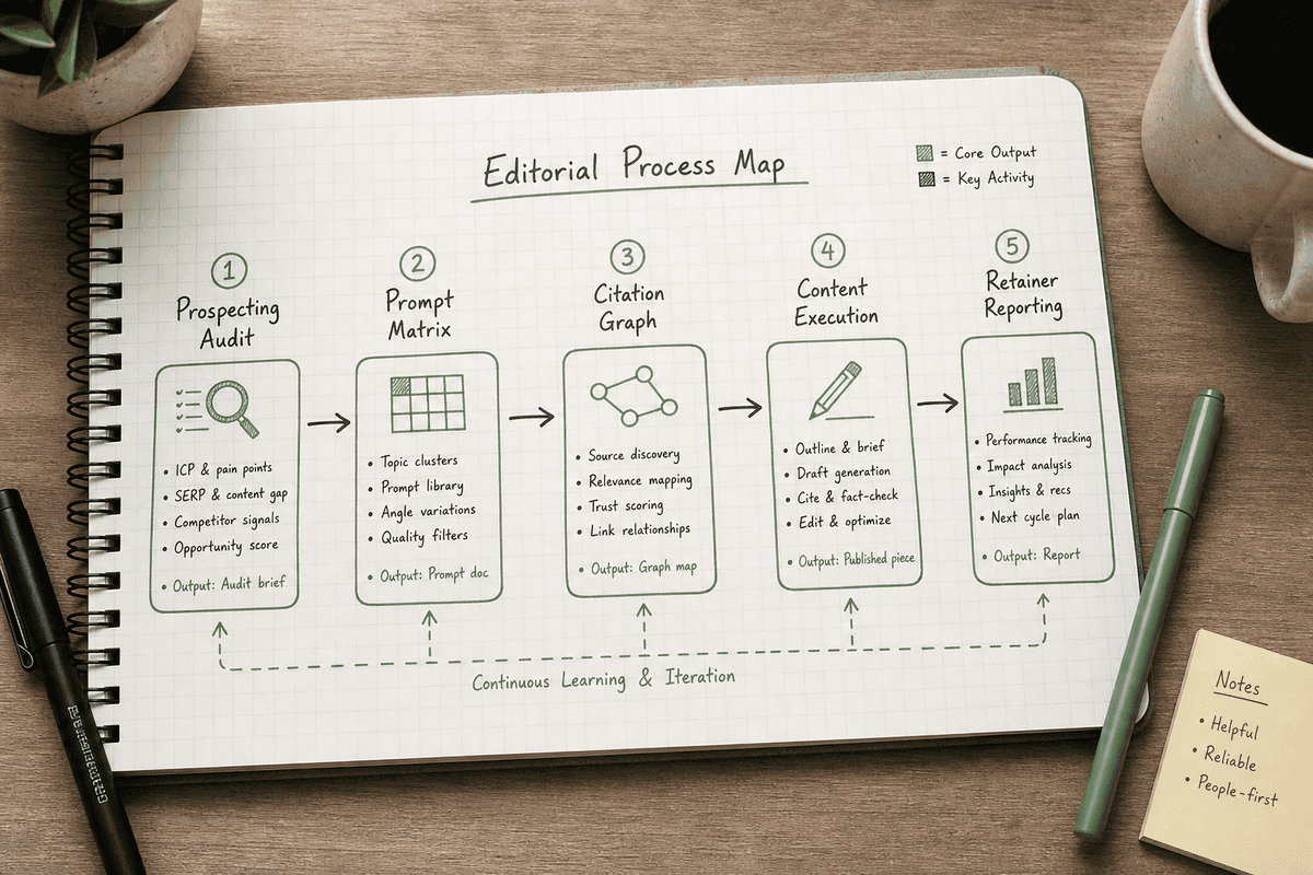Step-by-step agency workflow diagram for packaging AI search tracking and generative engine optimization into monthly retaine