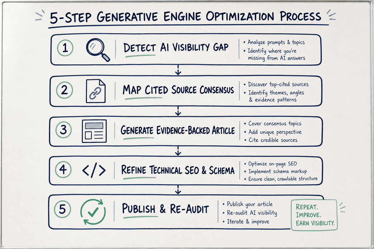 A step-by-step whiteboard diagram outlining the 5-stage process for turning AI search visibility gaps into published articles