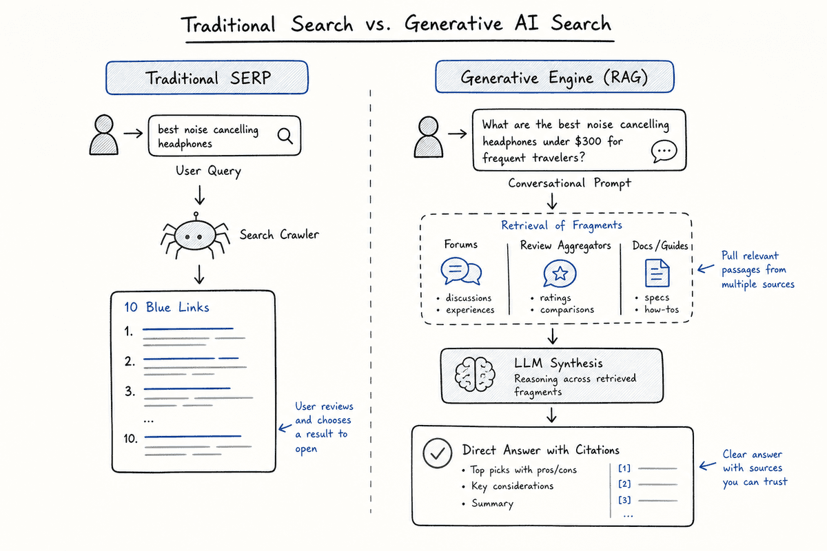 Diagram comparing traditional search engine indexing against generative engine optimization and RAG citation synthesis.