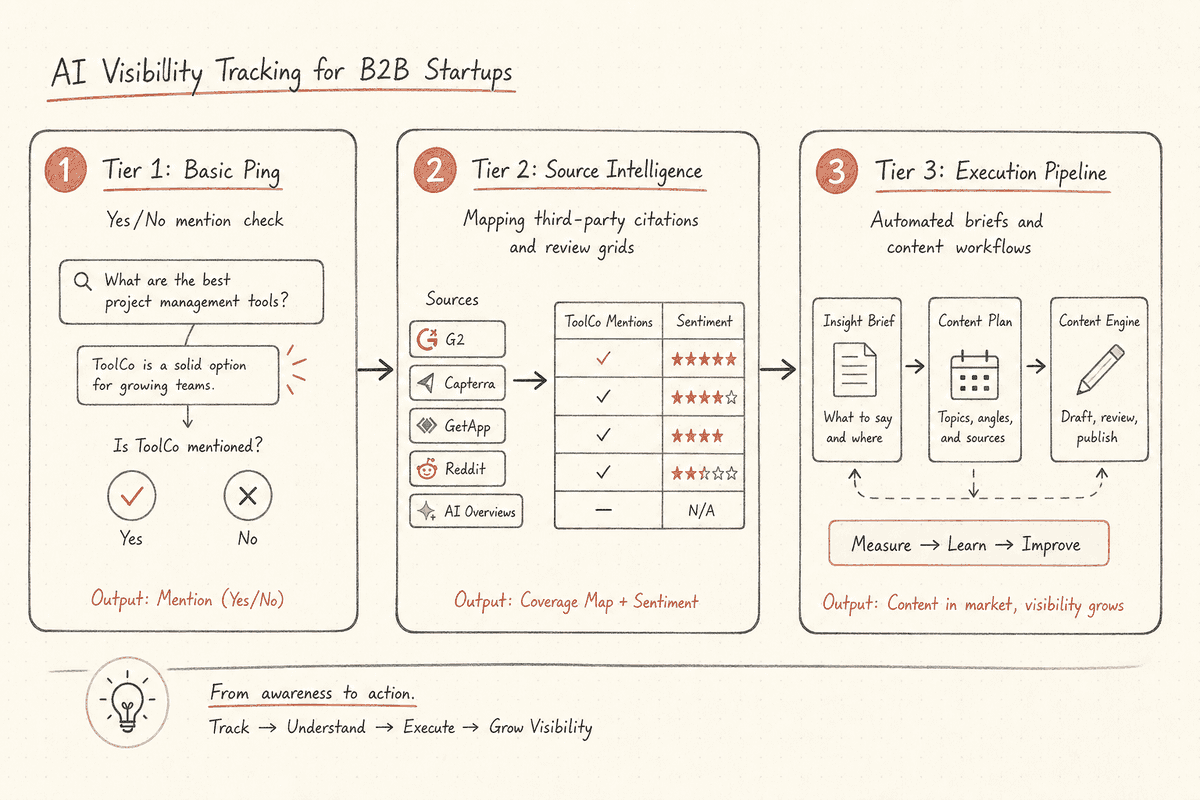 Three-tier progression framework showing the evolution from basic AI brand tracking to execution-driven GEO workflows.