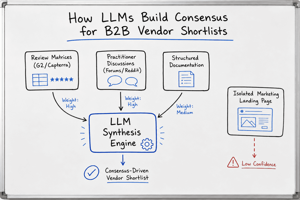 Whiteboard illustration explaining information density and multi-source consensus in LLM vendor recommendations.