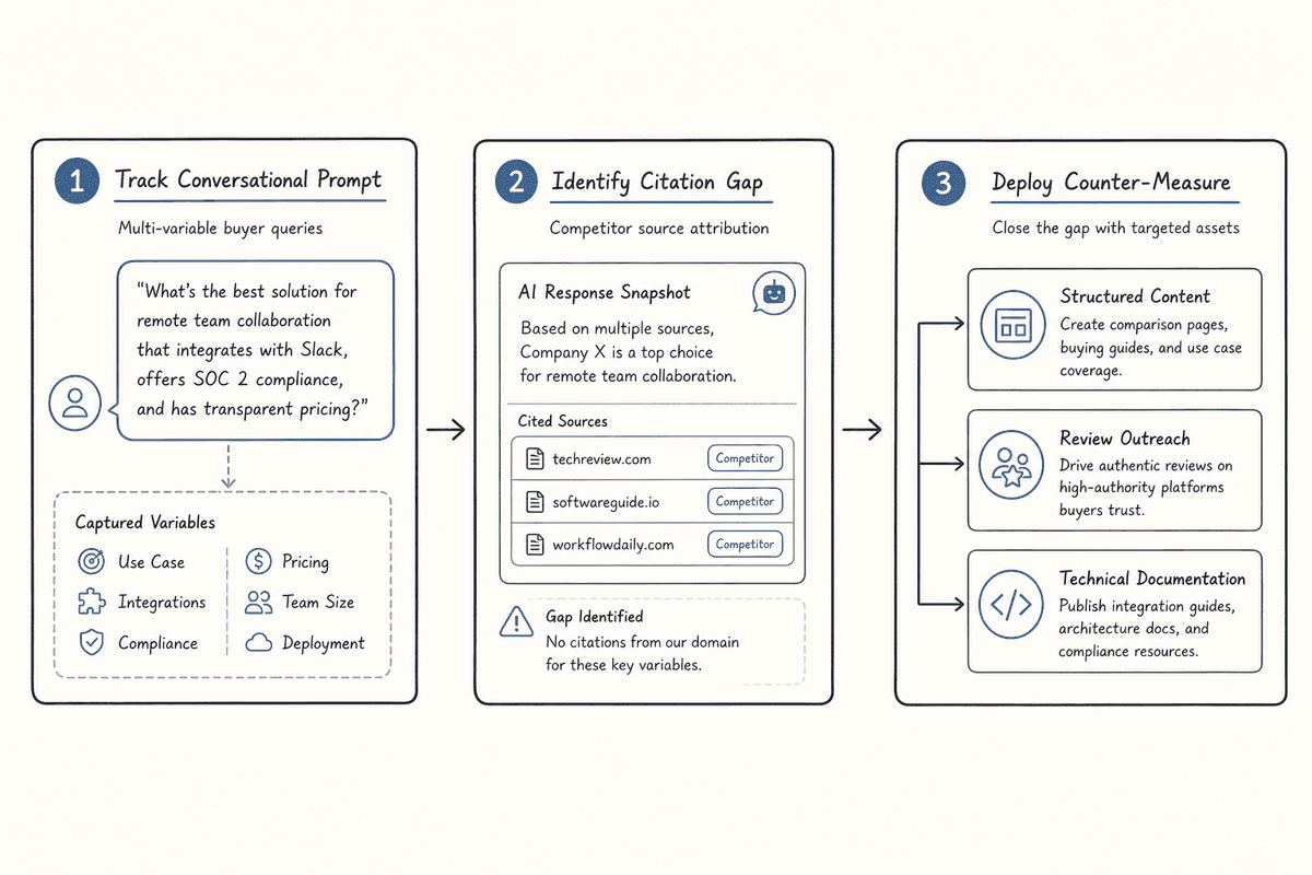 Three-step flowchart illustrating how B2B startups turn GEO monitoring data into an actionable content pipeline.