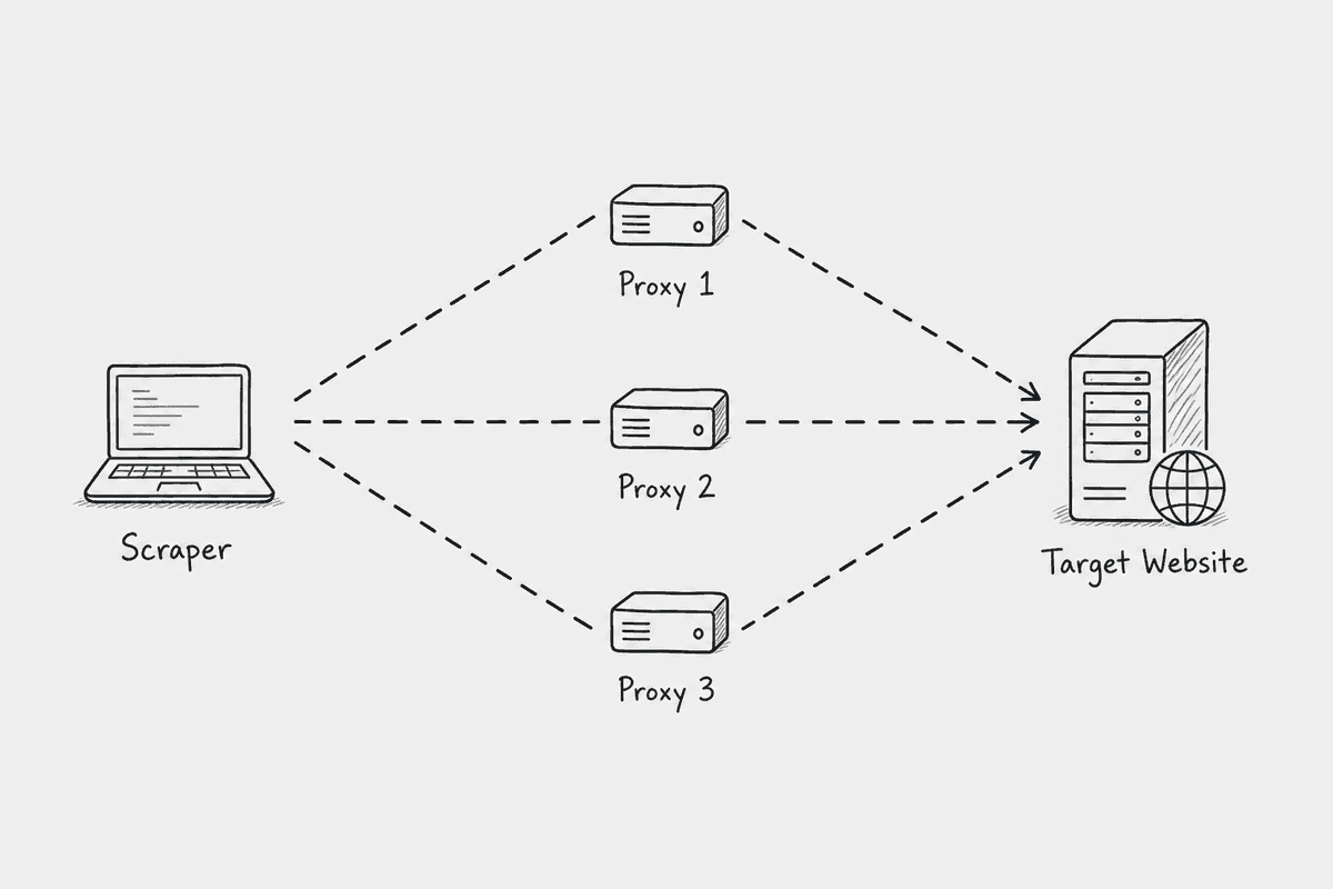 A diagram illustrating how proxy rotation works to distribute web scraping requests.