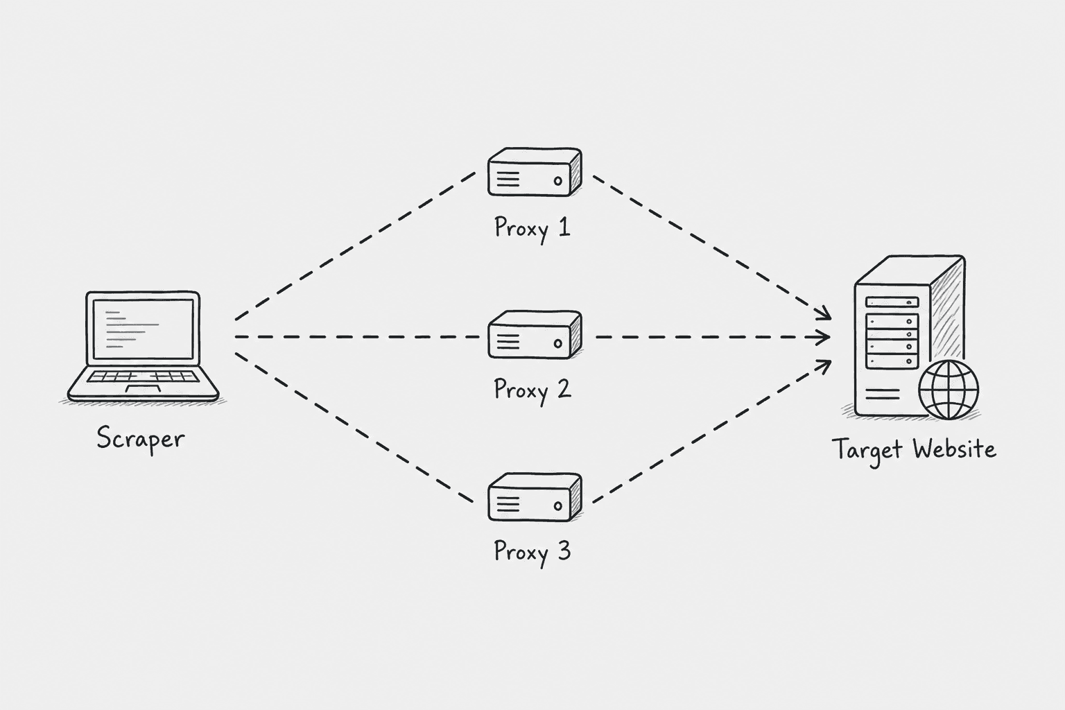A diagram illustrating how proxy rotation works to distribute web scraping requests.