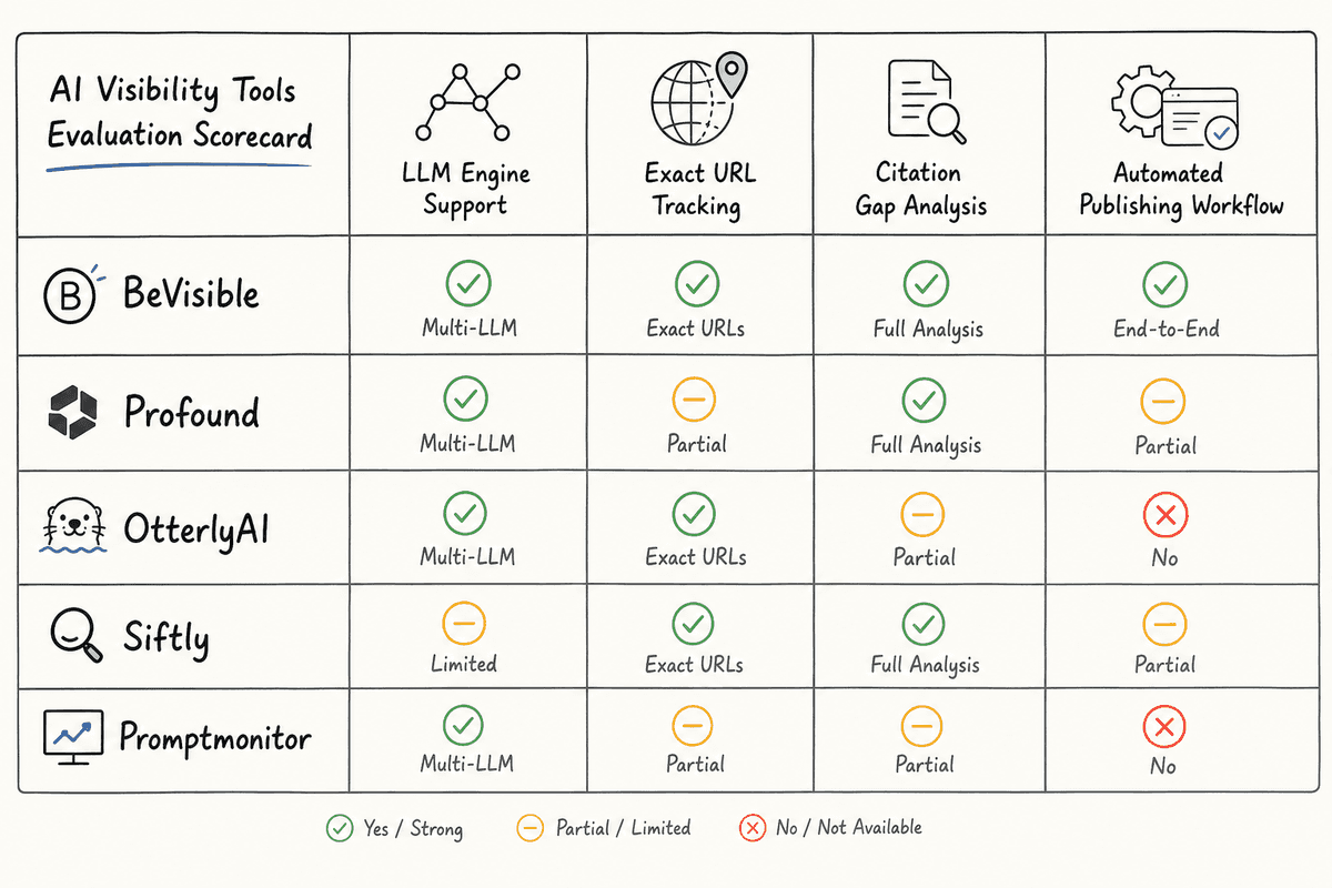 Comparison matrix of AI citation monitoring tools evaluating feature coverage and workflow capabilities.