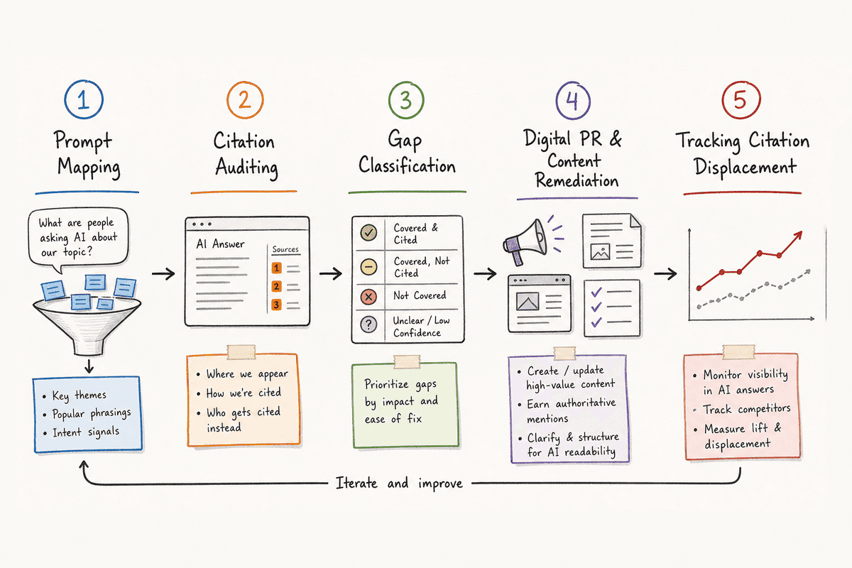 Workflow chart detailing five steps to identify AI citation gaps and execute content remediation.