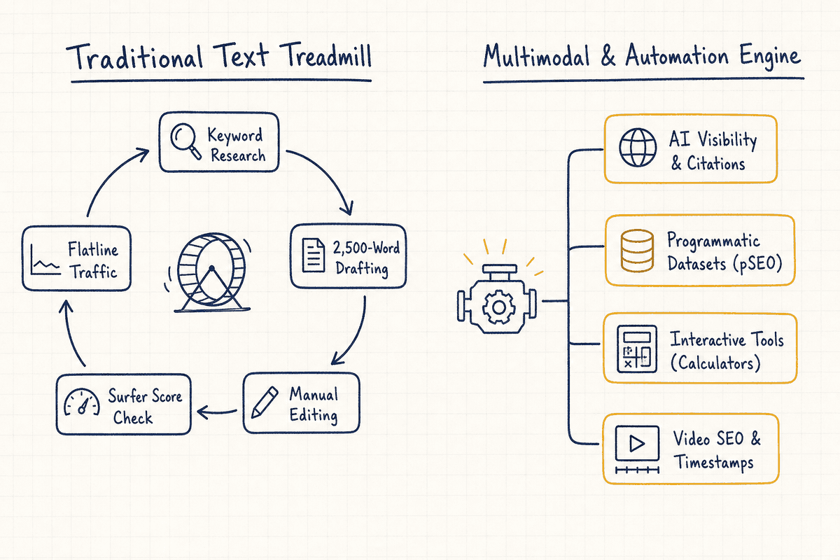 Whiteboard sketch comparing the manual article writing loop against multimodal SEO automation strategies.