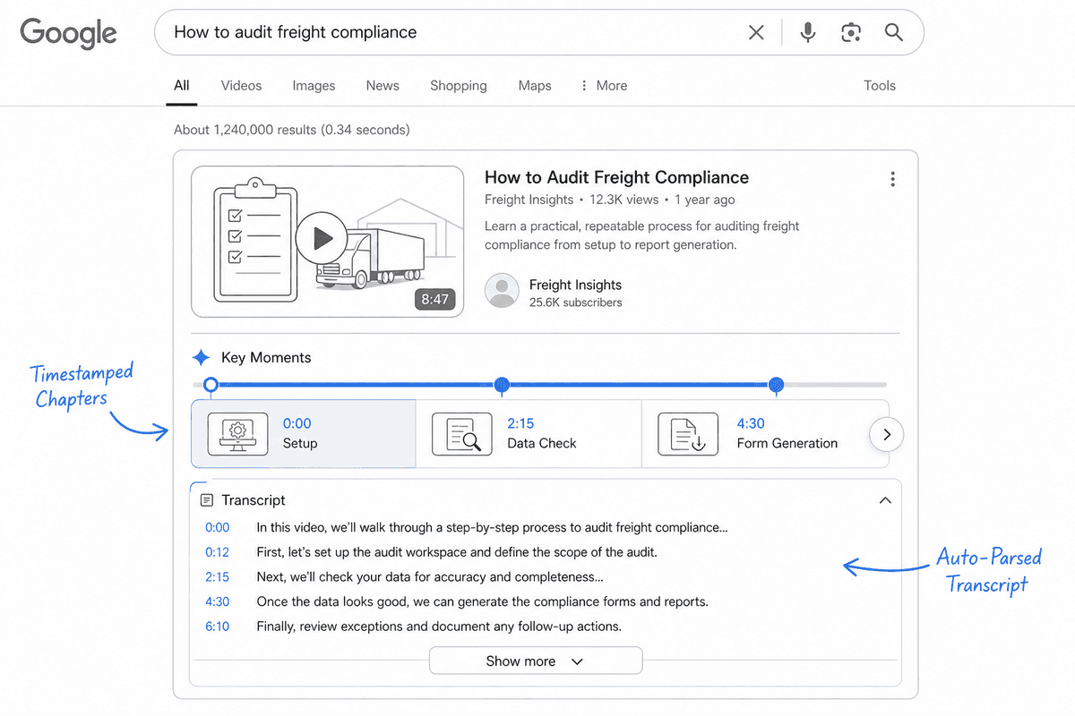 Wireframe diagram of a Google search results video card showing timestamped key moments and chapter markers.
