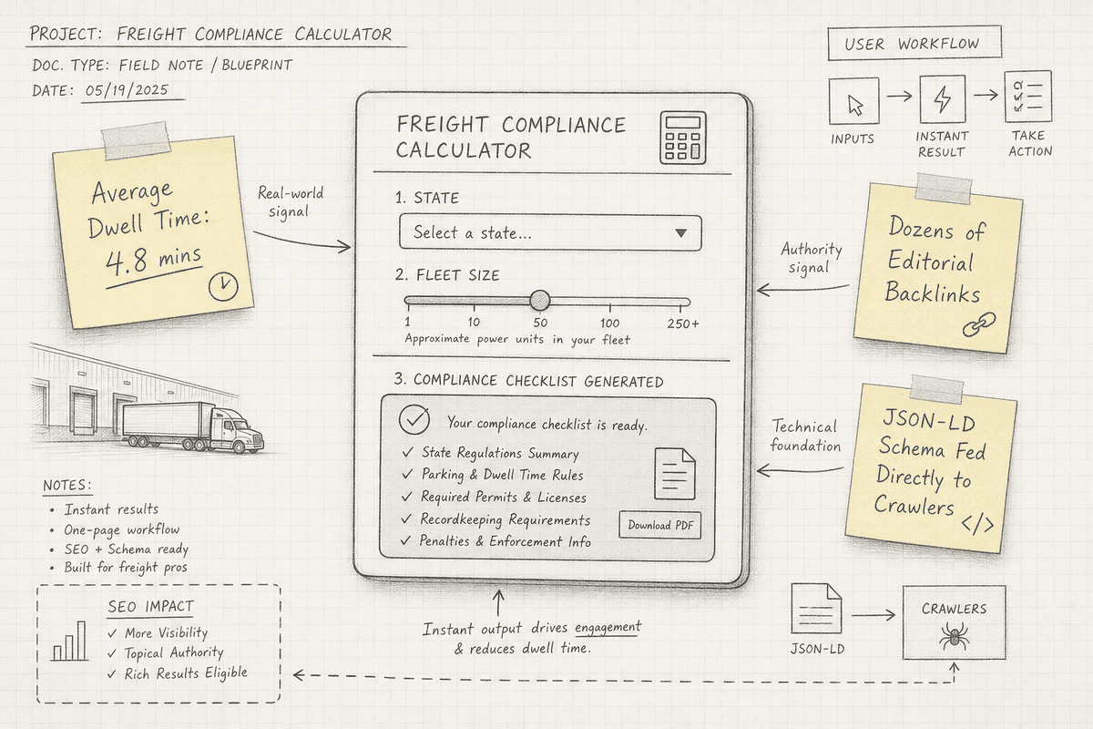 Architectural sketch and notes of an interactive single-page calculator tool generating engagement signals and backlinks.