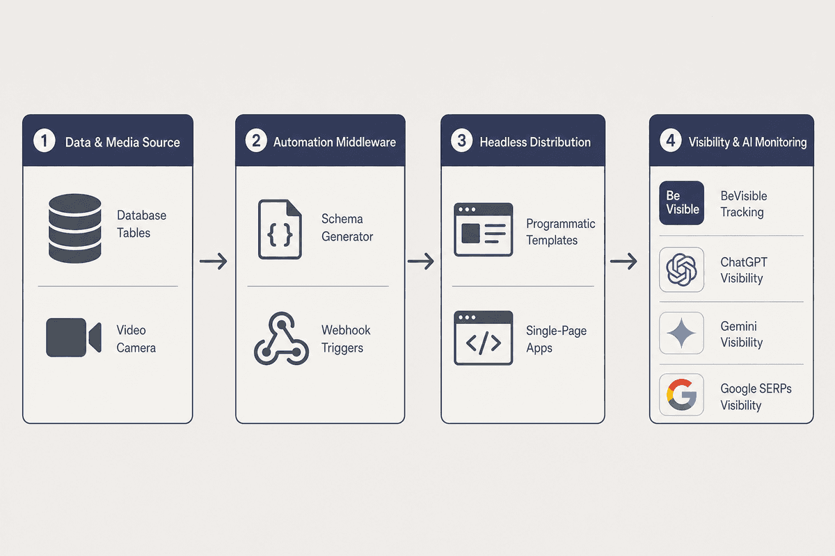 Modular tech stack diagram illustrating programmatic databases, automation middleware, and AI visibility tracking.