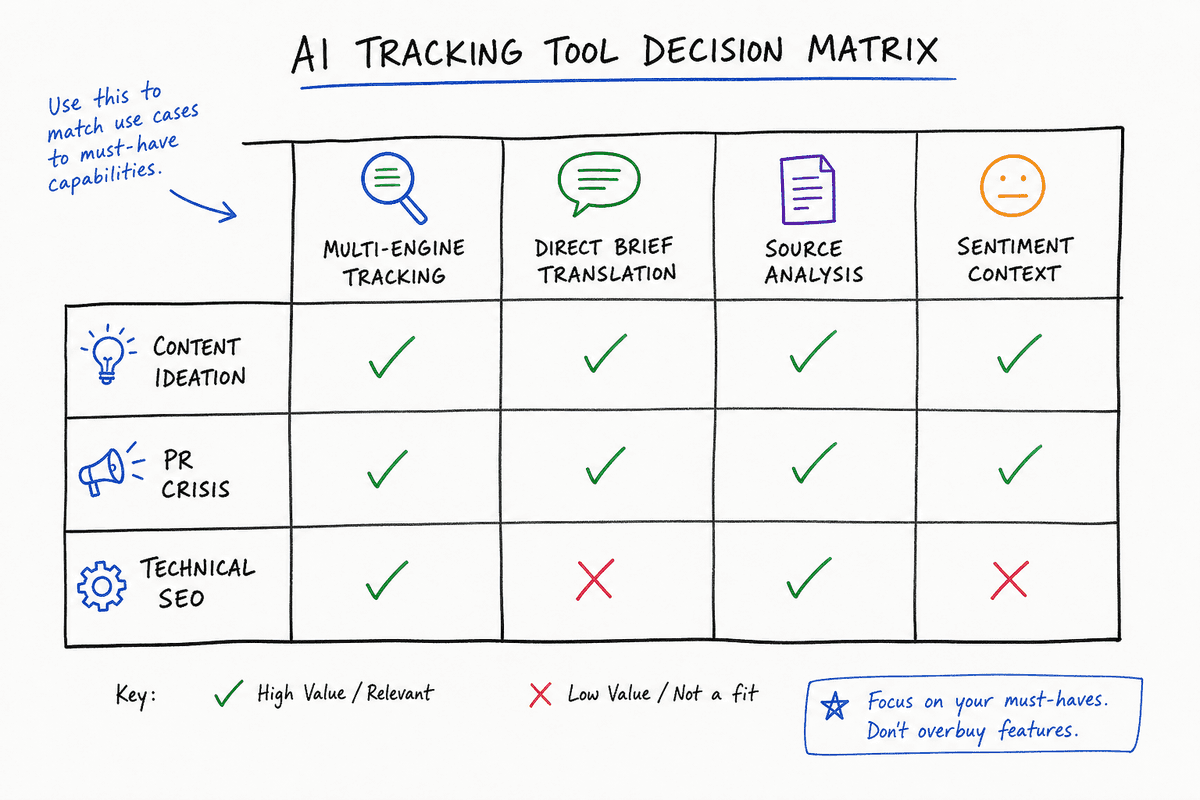 Decision matrix comparing essential features of AI monitoring tools for content generation.