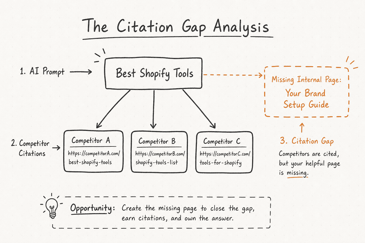 Wireframe diagram of a citation gap analysis showing competitor links and a missing internal content opportunity.