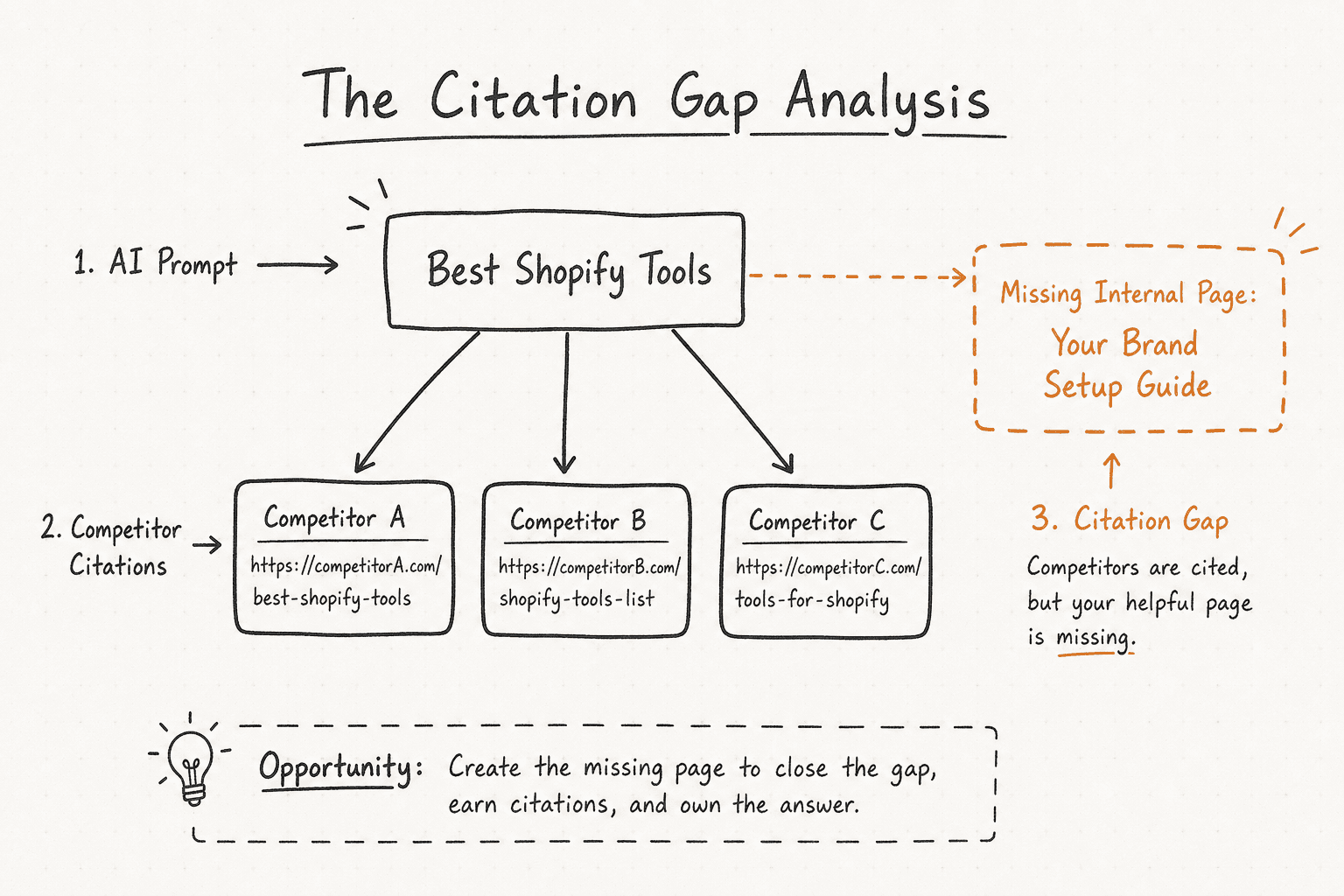 Wireframe diagram of a citation gap analysis showing competitor links and a missing internal content opportunity.