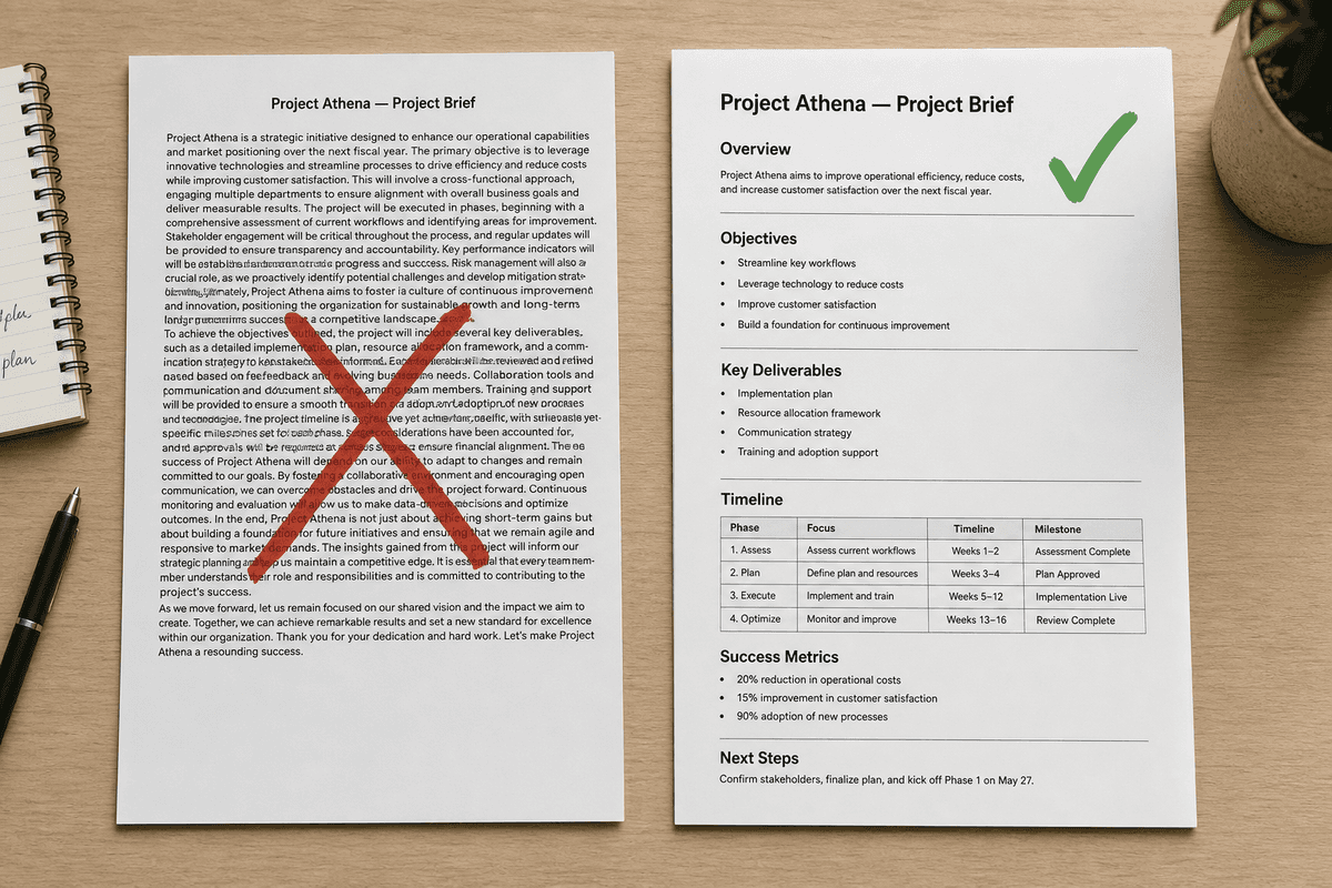 Side-by-side comparison of poorly formatted dense text versus well-structured conversational formatting optimized for AI.