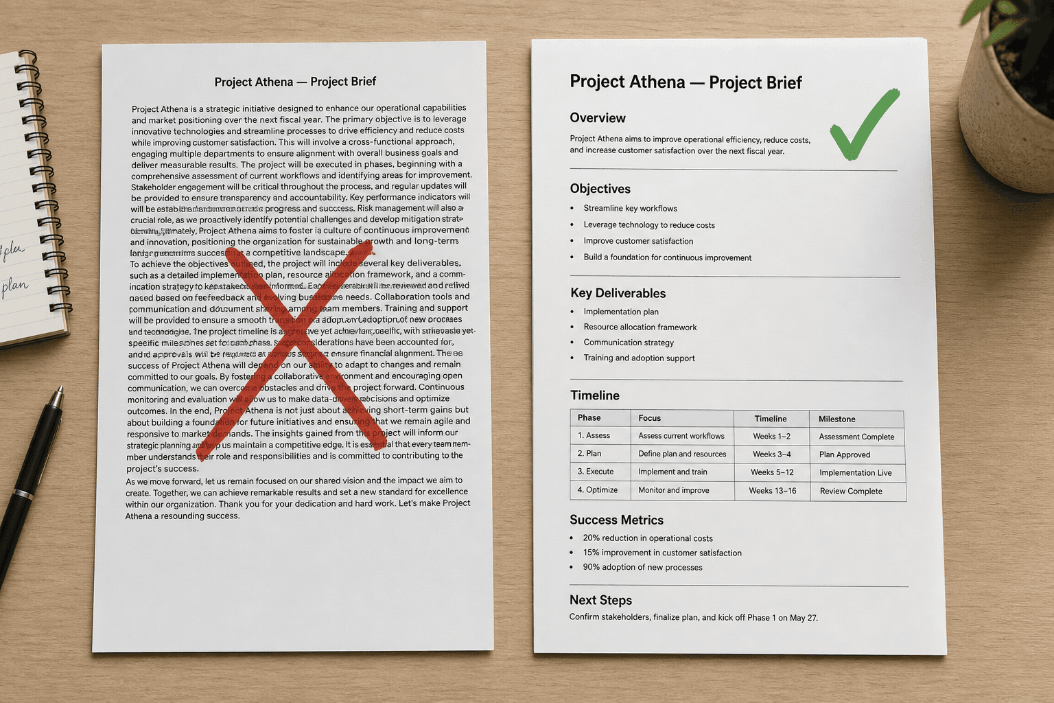 Side-by-side comparison of poorly formatted dense text versus well-structured conversational formatting optimized for AI.