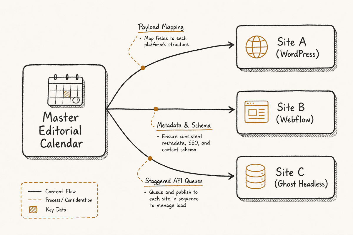 Architecture diagram illustrating centralized master calendar routing content to multiple CMS platforms via API