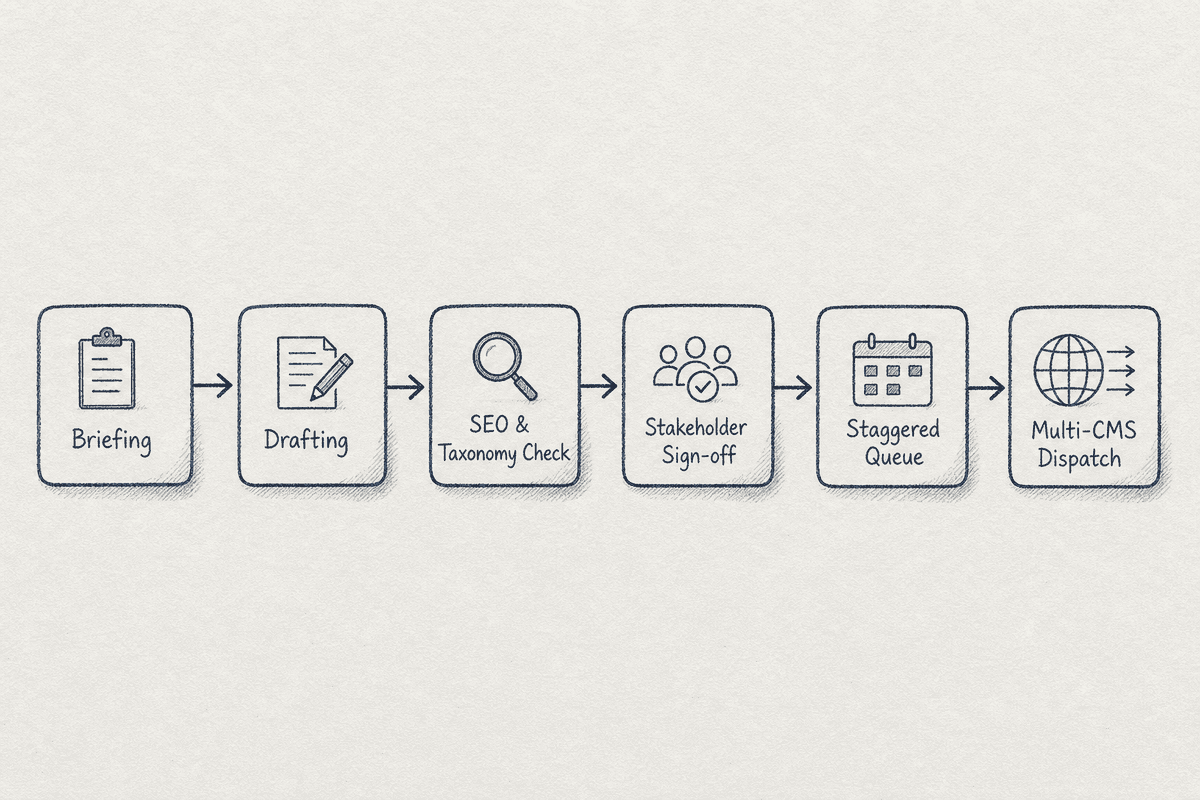 Flowchart diagram outlining the end-to-end multi-site content approval and publishing stages