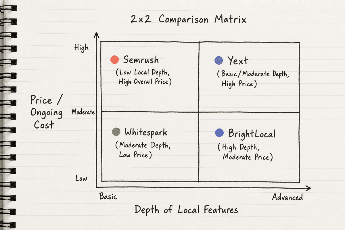 Quadrant matrix comparing BrightLocal, Yext, Whitespark, and Semrush based on price and local feature depth.