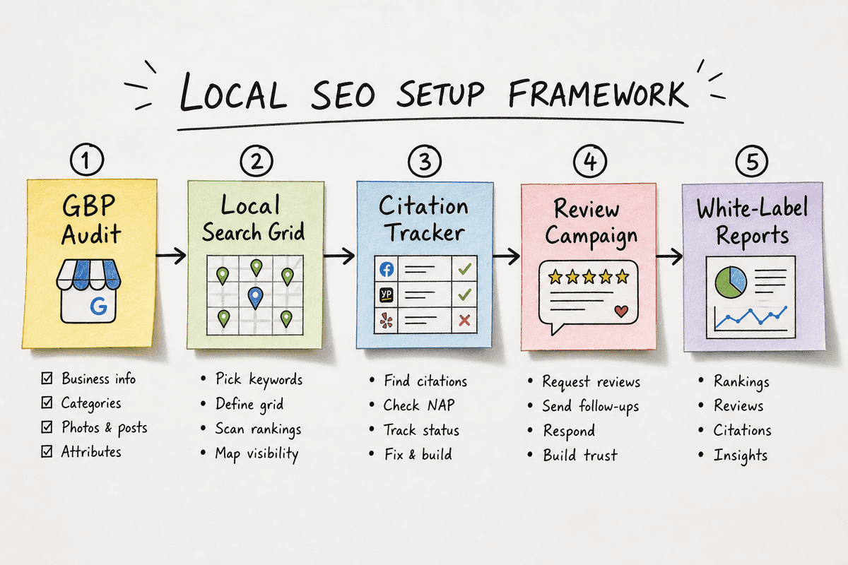 Step-by-step pipeline diagram for setting up a local SEO campaign in BrightLocal.