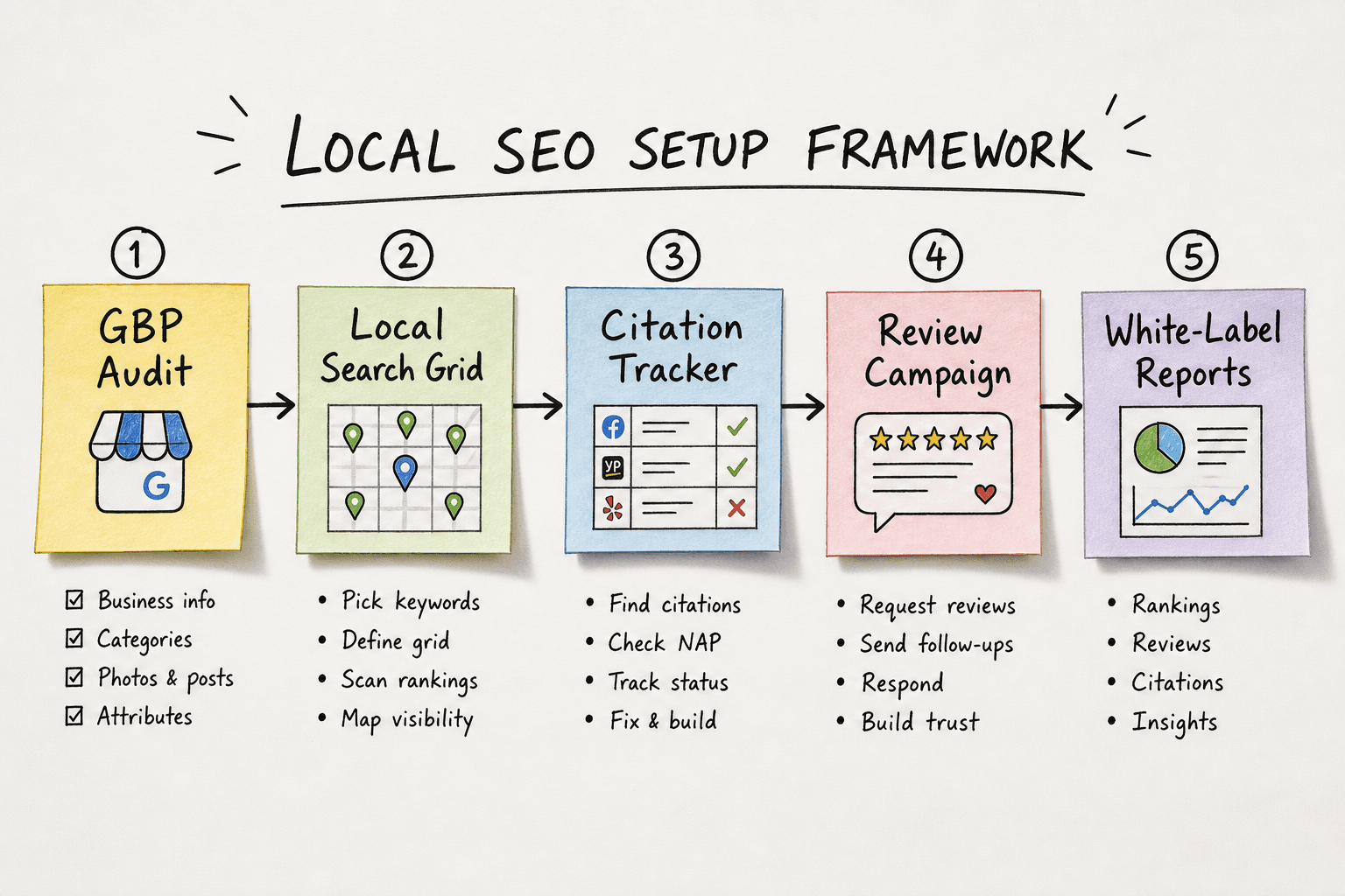 Step-by-step pipeline diagram for setting up a local SEO campaign in BrightLocal.