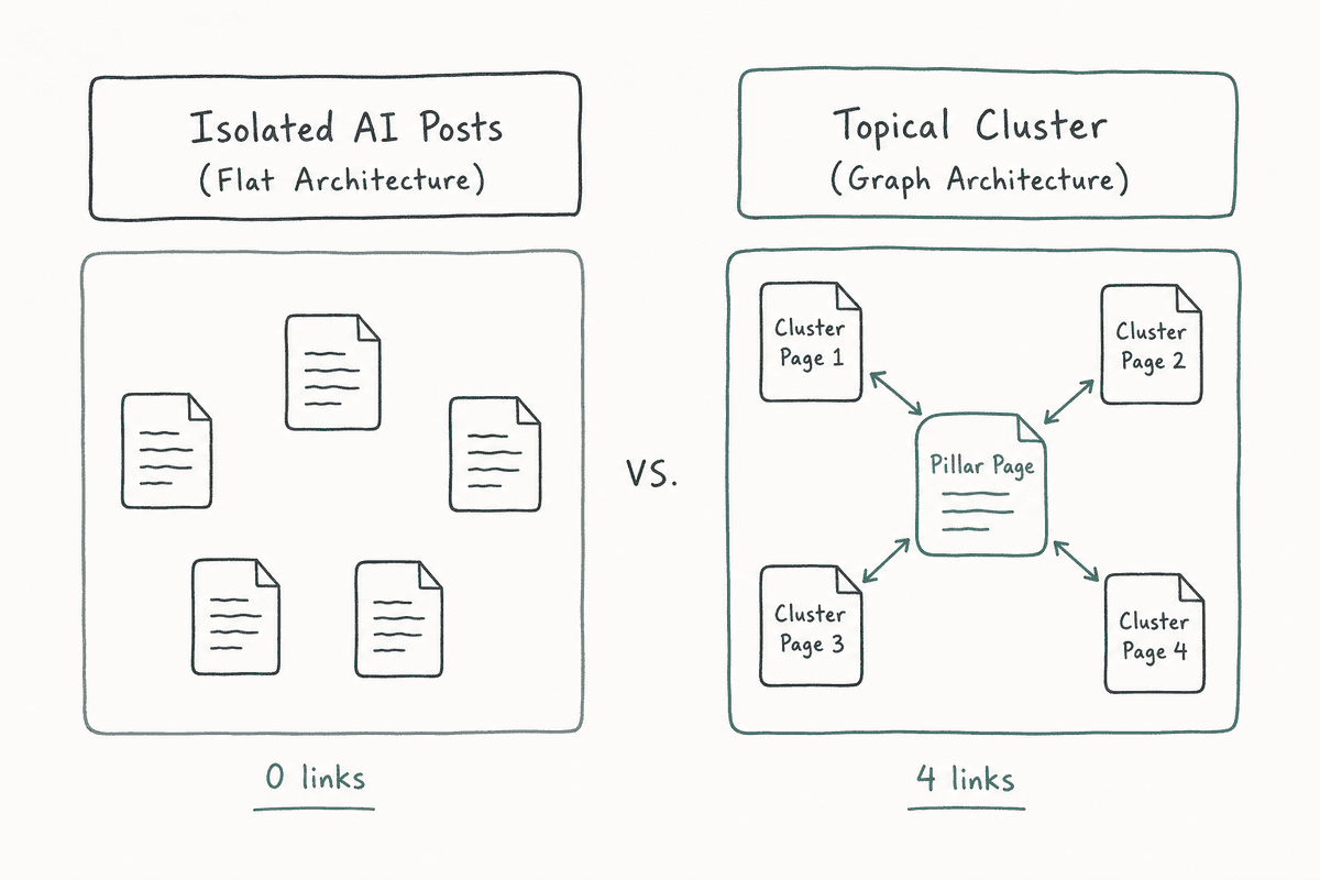 Diagram comparing flat isolated AI blog posts with a well-connected topical cluster graph architecture.