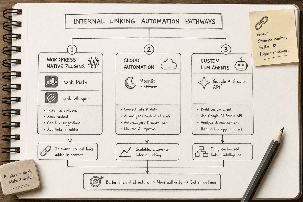 Workflow diagram breaking down plugin-based, semantic, and custom API internal linking methods.