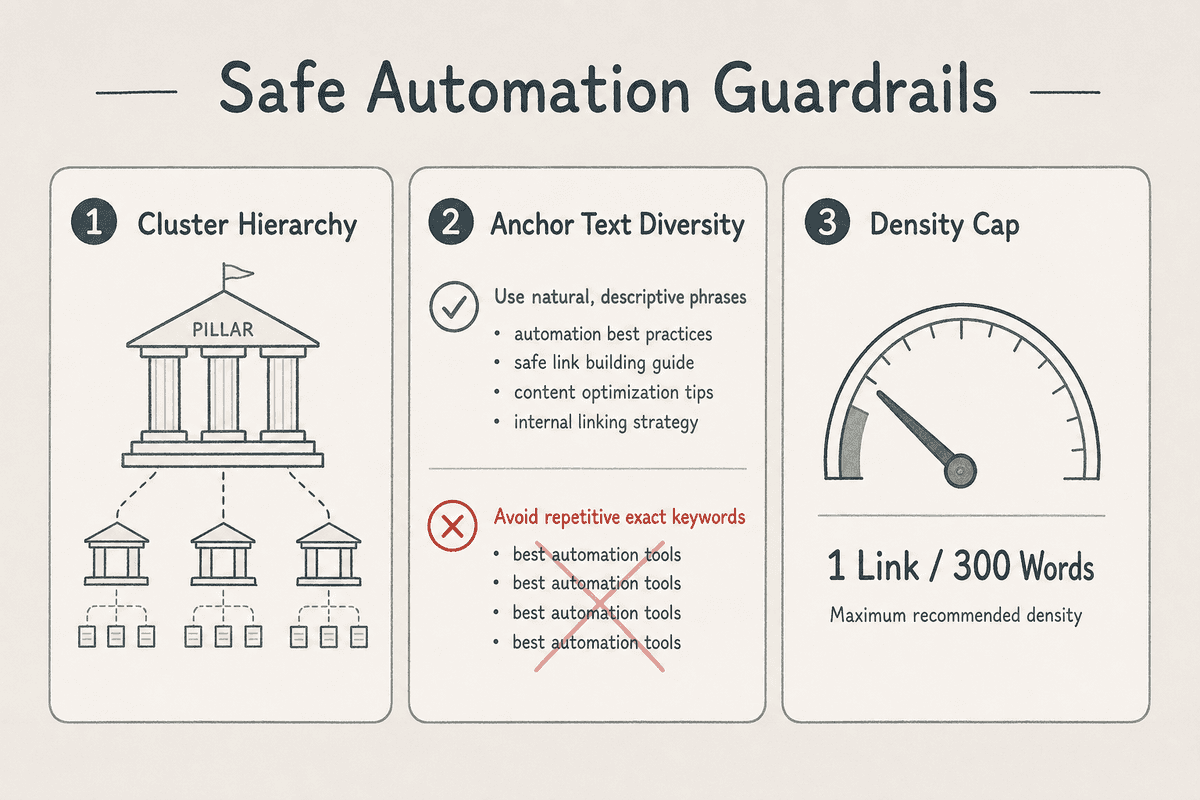 Visual infographic detailing three core rules for safe automated internal linking workflows.