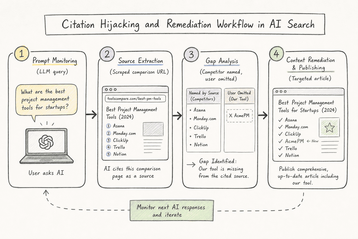 Process diagram showing how AI visibility tools extract competitor citations and execute remediation content.