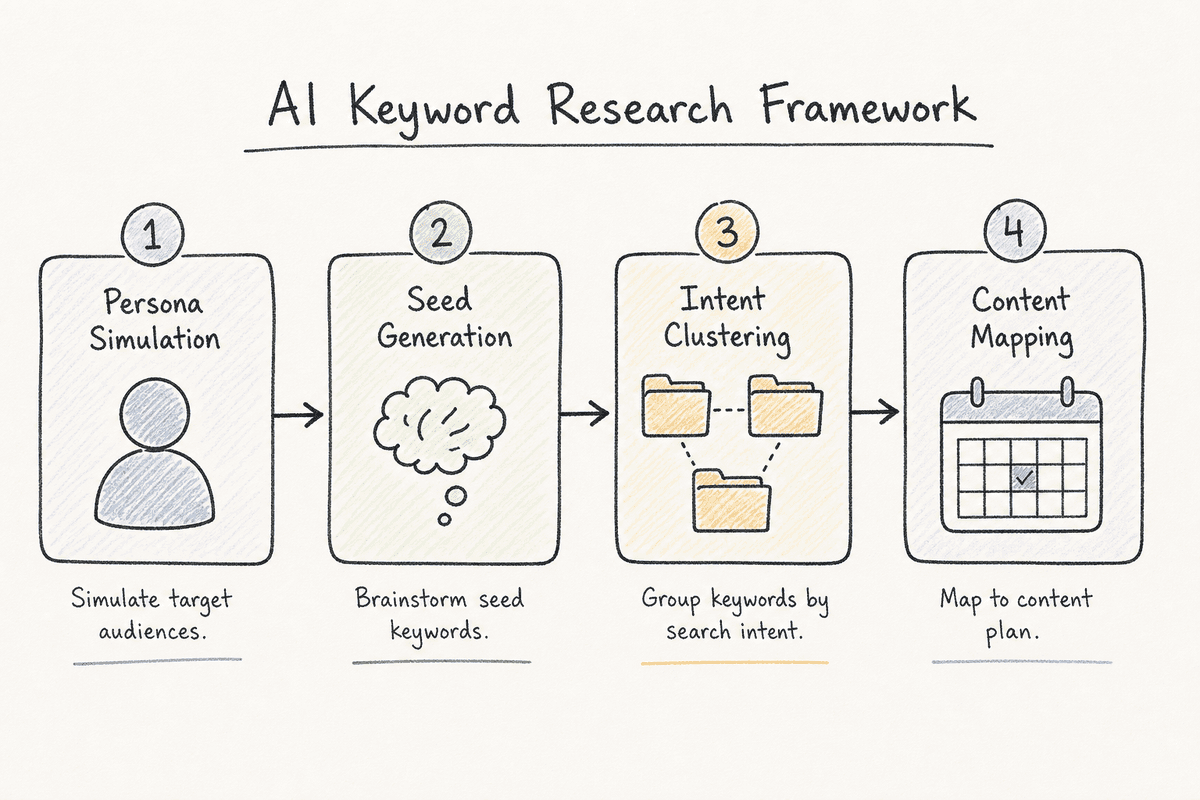 A 4-step flowchart showing the AI keyword research and clustering process
